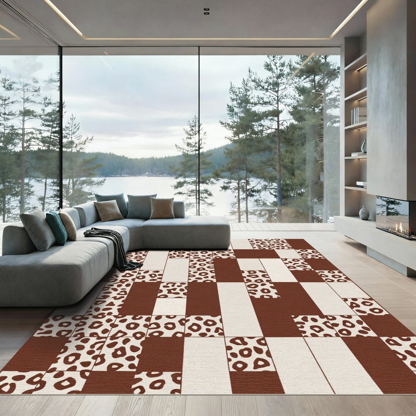Brown Cream Leopard Patchwork Grid Rug