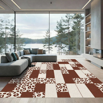 Brown Cream Leopard Patchwork Grid Rug