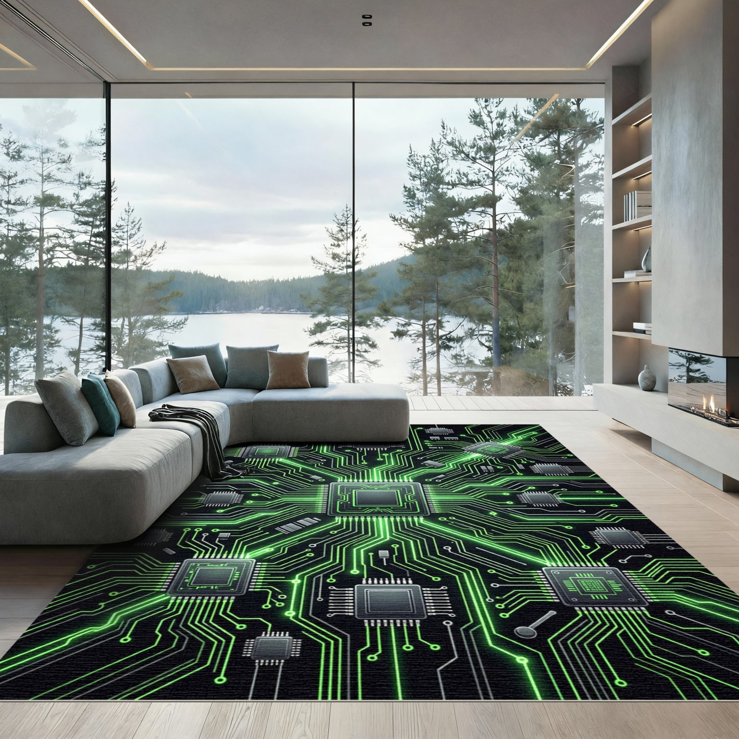 Luminous Green Neon Circuit Central Hub Rug