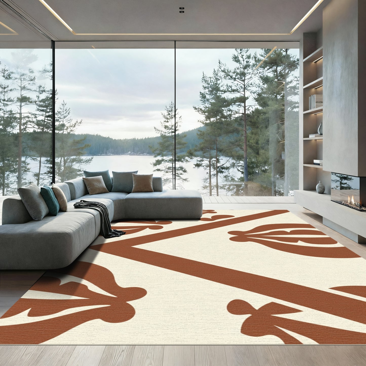 Terracotta Abstract Leaf Chevron Rug