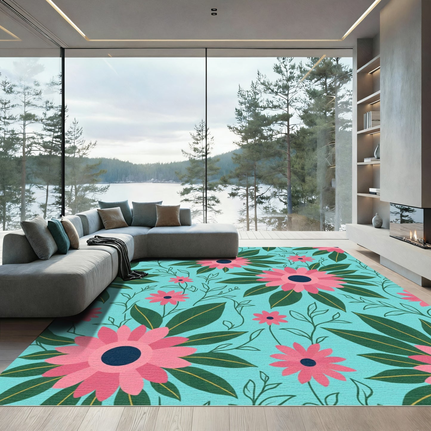 Tropical Pink Daisy Floral Teal Rug