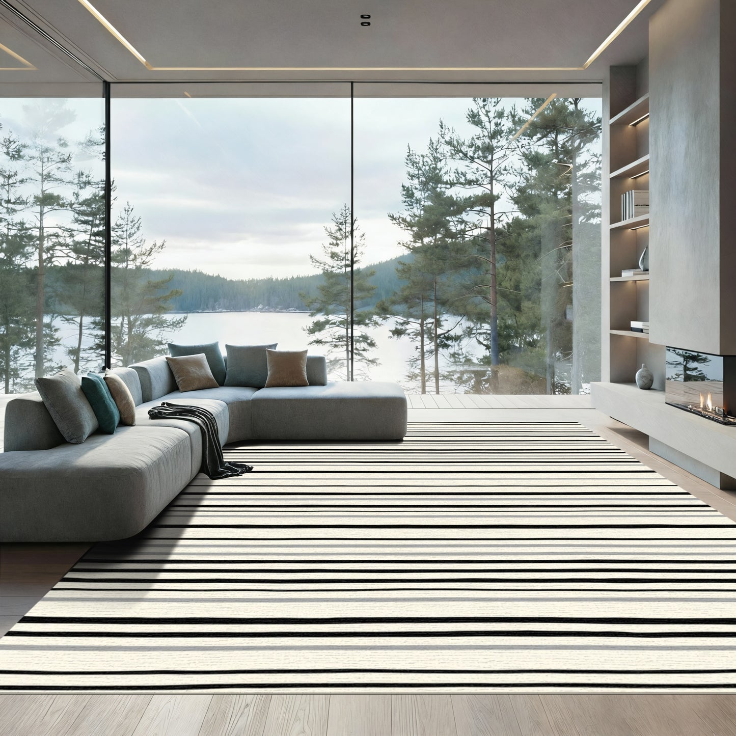 Classic Black Gray Cream Stripe Rug