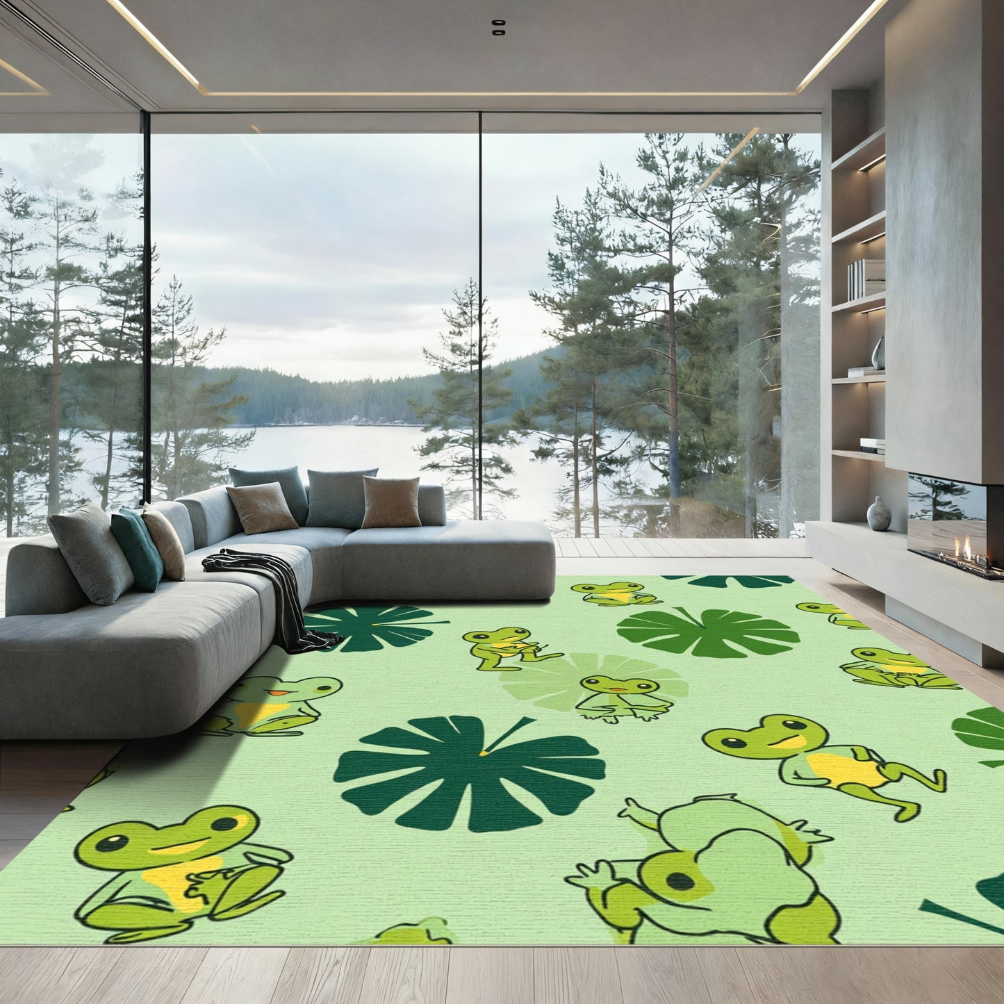 Cute Green Frogs Lily Pad Illustration Rug
