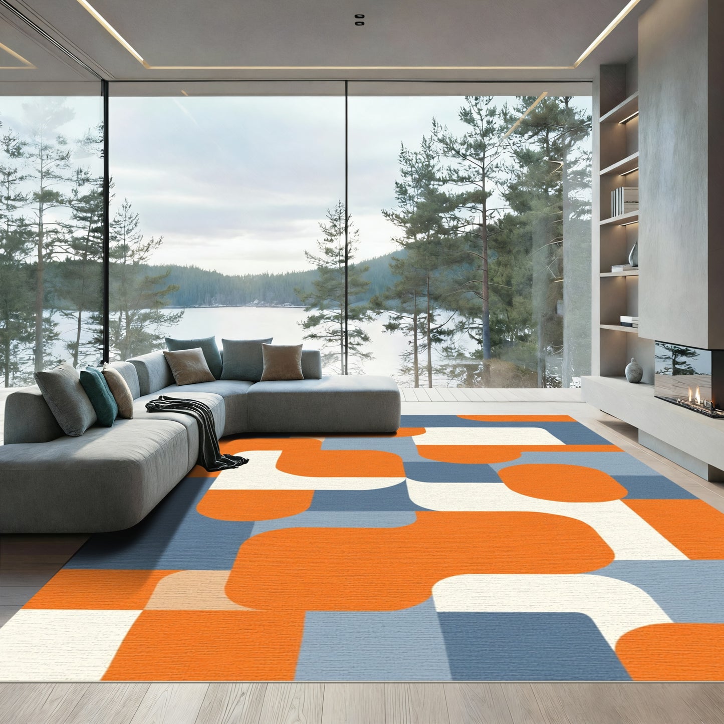 Retro Orange Blue Geometric Interlock Rug