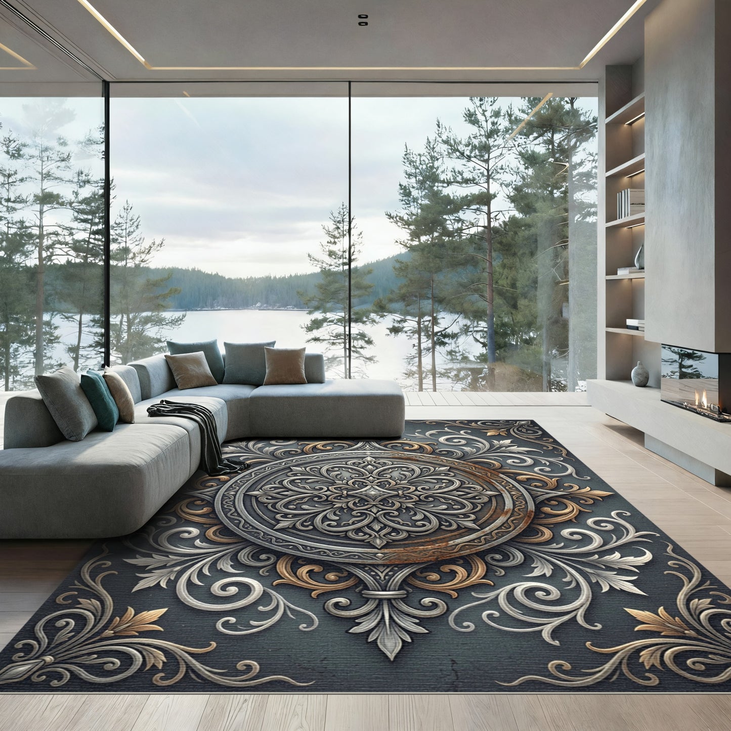 Elegant Silver Gold Baroque Medallion Rug