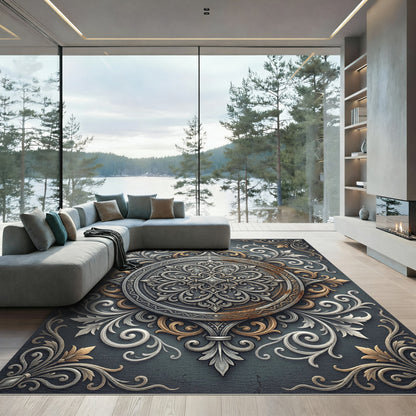 Elegant Silver Gold Baroque Medallion Rug