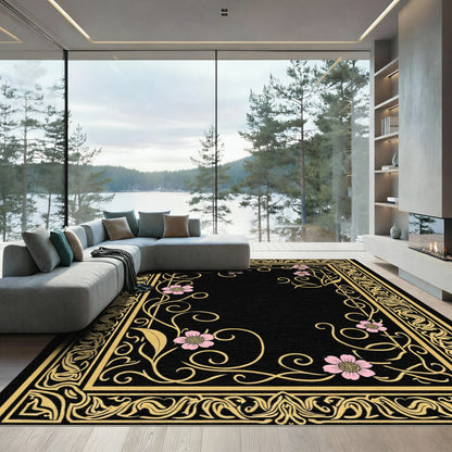 Golden Floral Swirl Black Border Rug