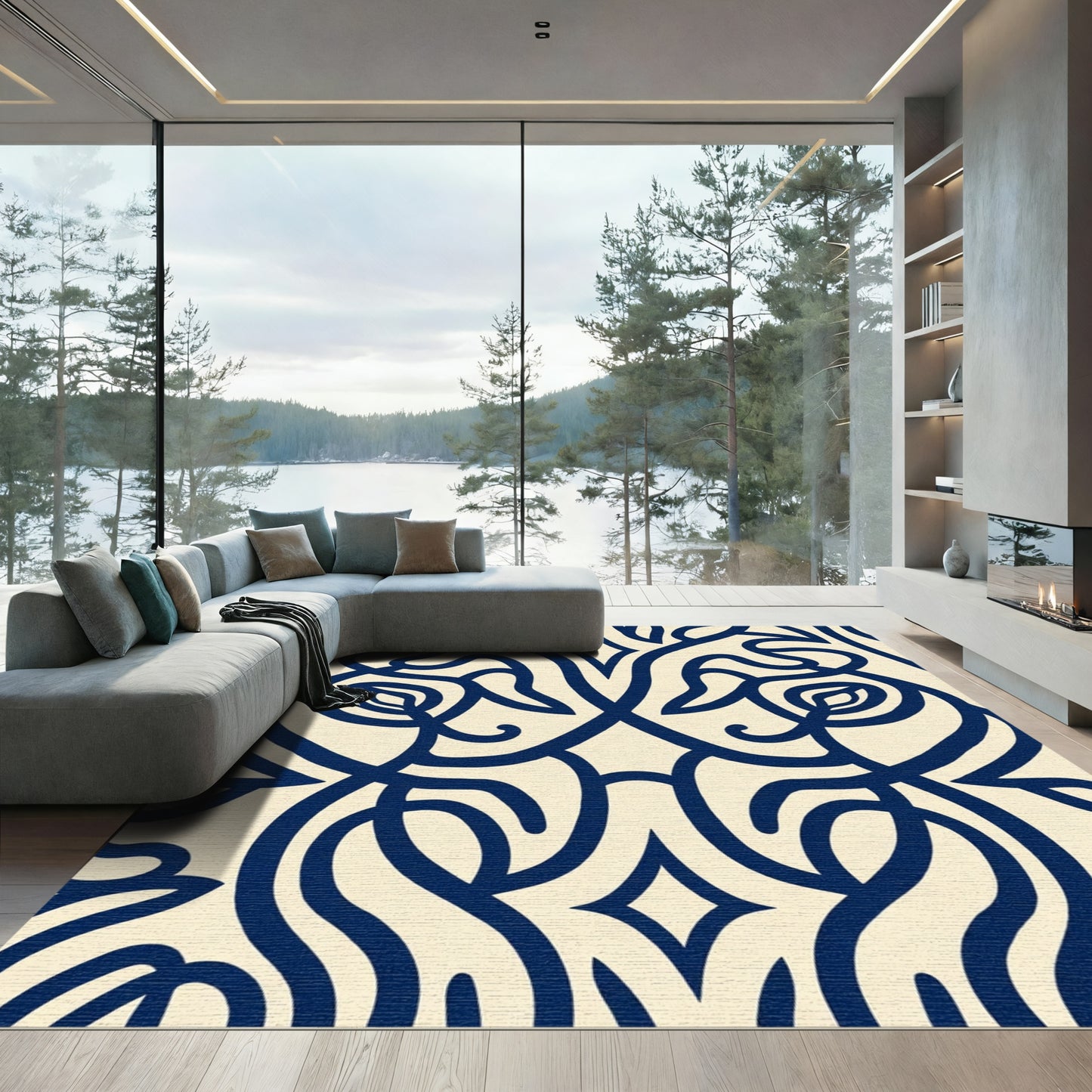 Deep Blue Elegant Swirl Botanical Rug