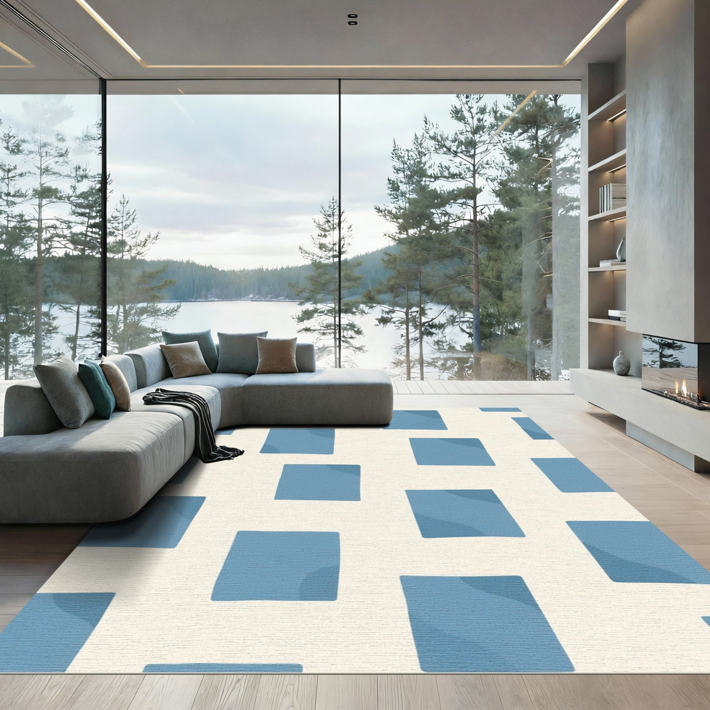 Soft Blue Square Tile Layout Rug