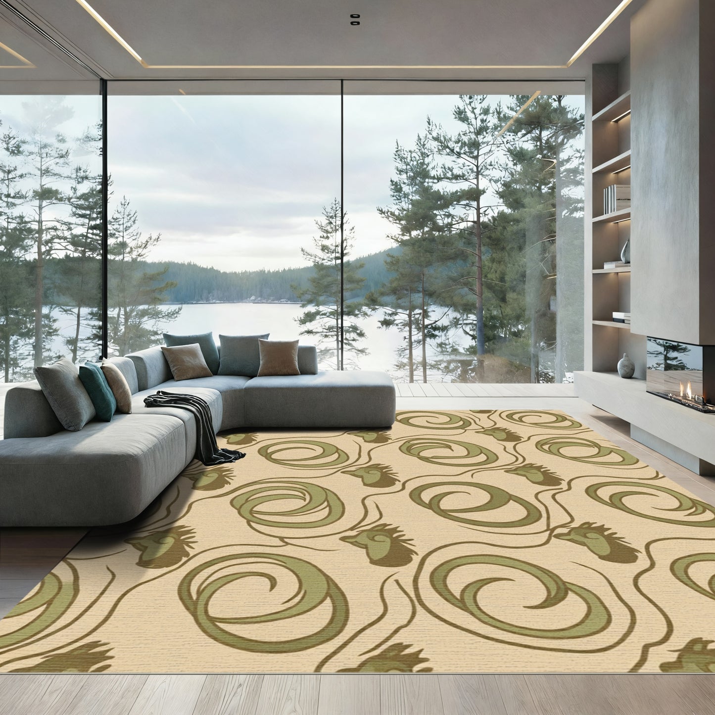 Olive Green Rooster Swirl Art Nouveau Rug
