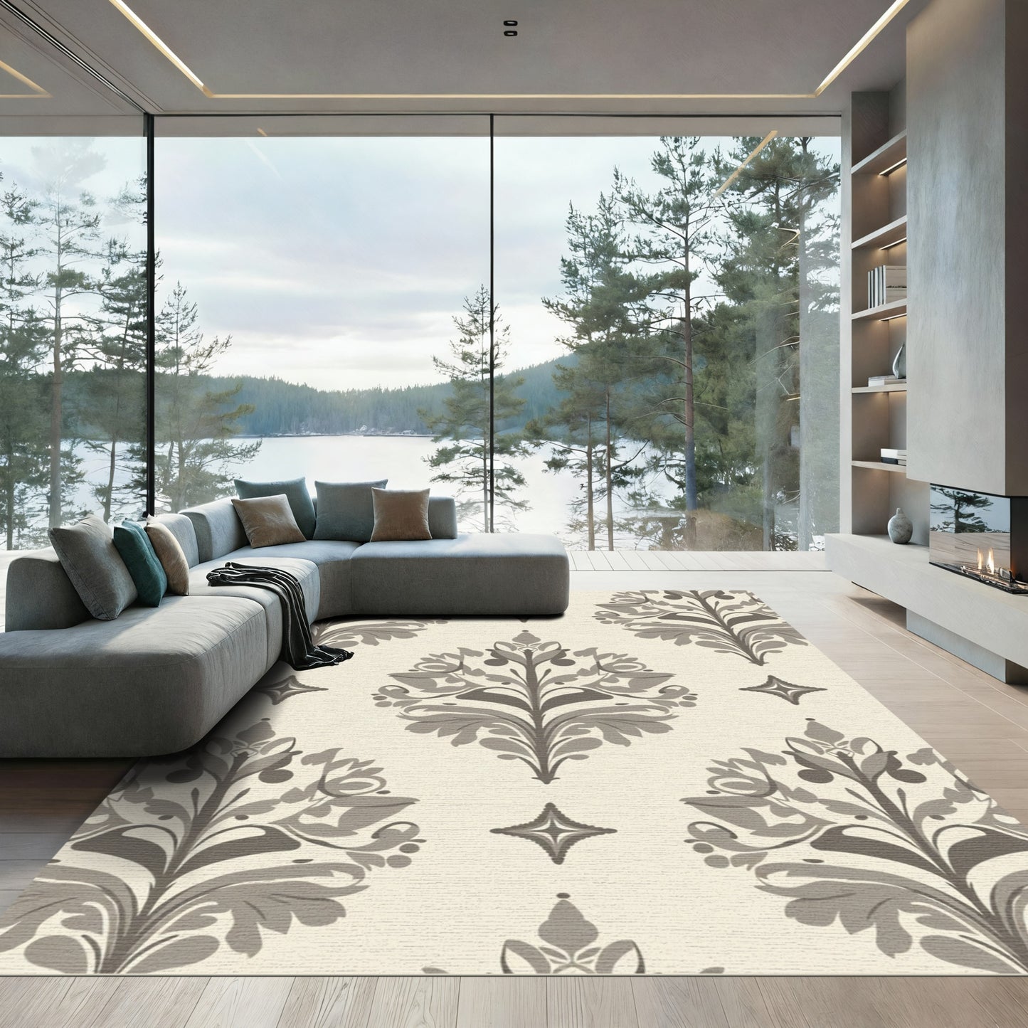 Cream Gray Damask Floral Scroll Rug