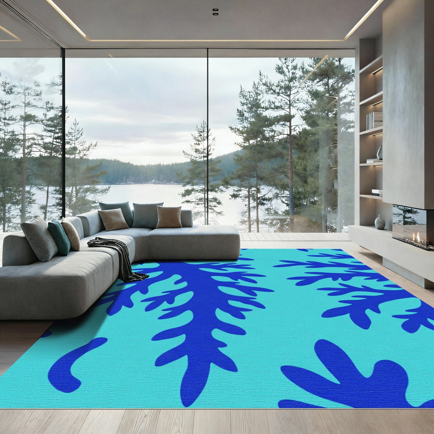 Deep Blue Fern Coral Pattern Rug
