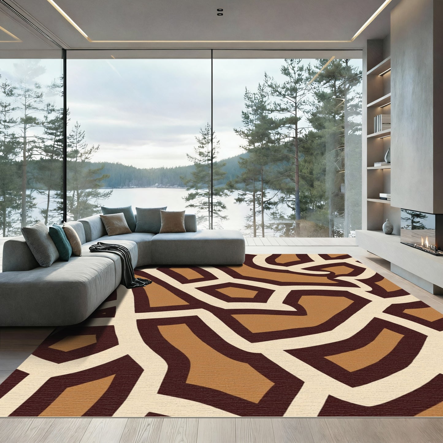 Brown Beige Abstract Organic Shapes Rug