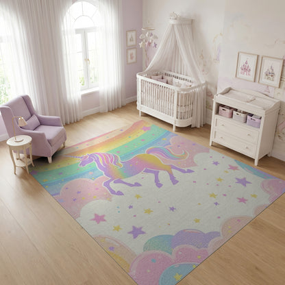 Whimsical Unicorn Rainbow Stars Clouds Rug 2