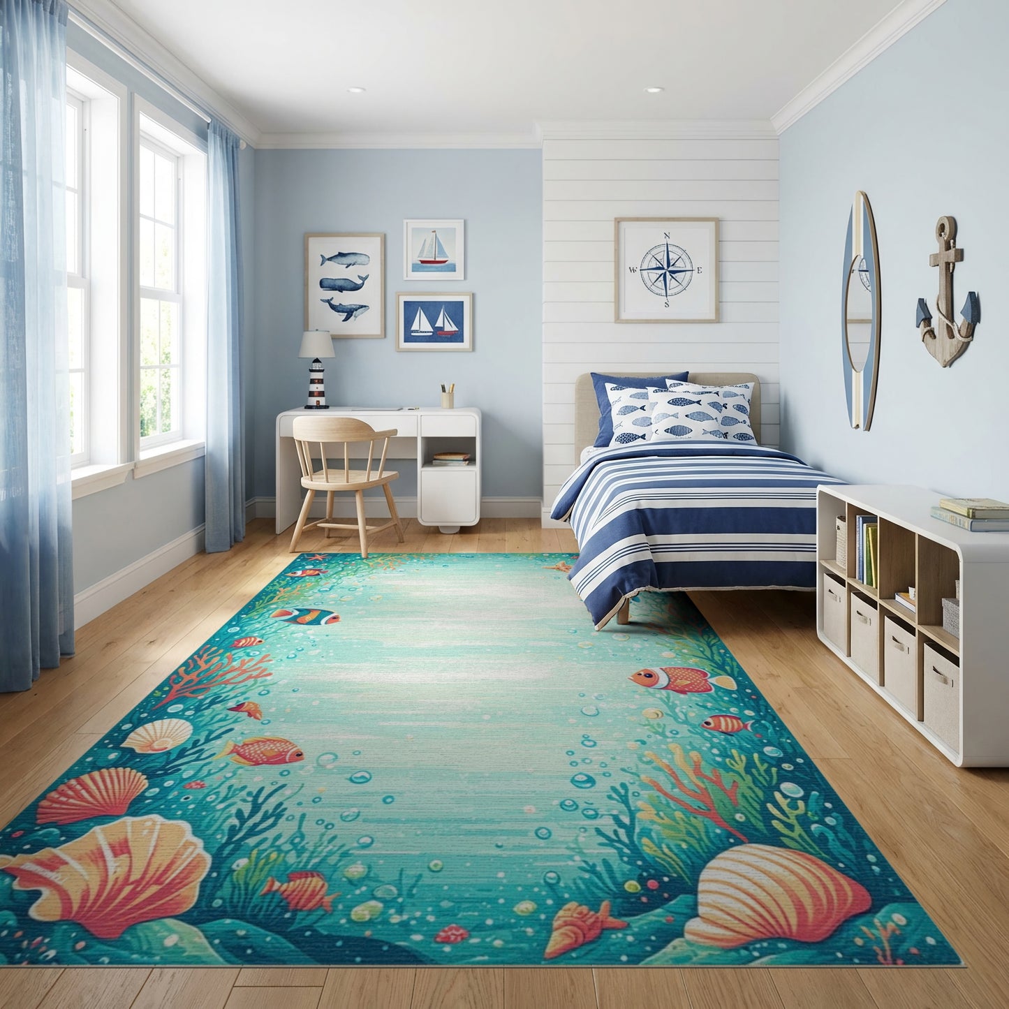 Whimsical Teal Coral Fish Reef Rug