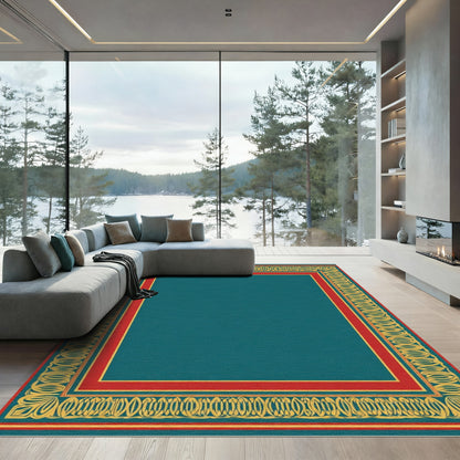 Teal Red Yellow Ornamental Border Rug