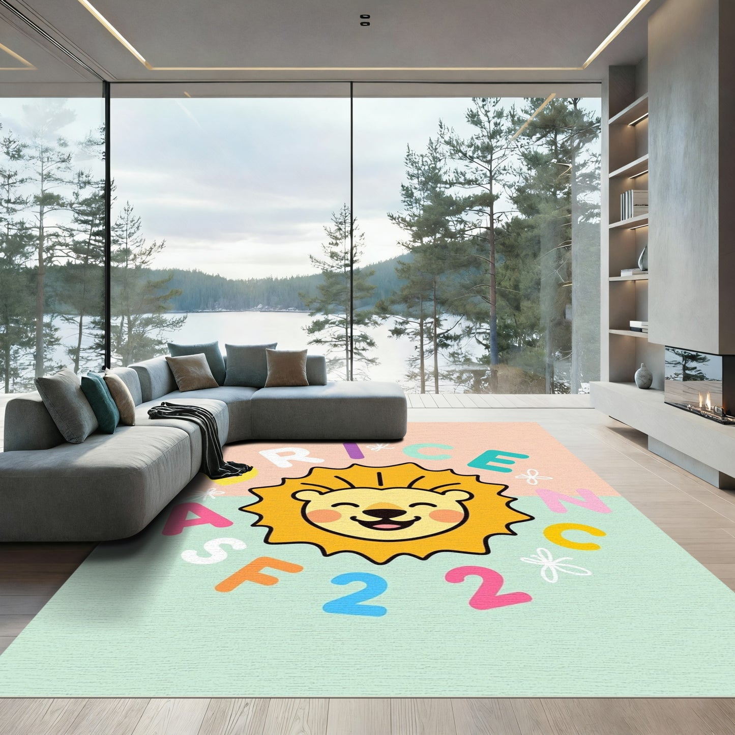 Happy Lion Alphabet Numbers Collage Rug