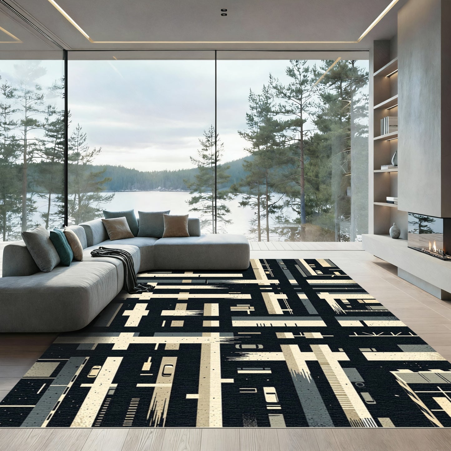 Urban Abstract Monochrome Grid Composition Rug