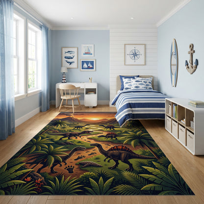 Vibrant Dinosaur Volcano Tropical Sunset Rug