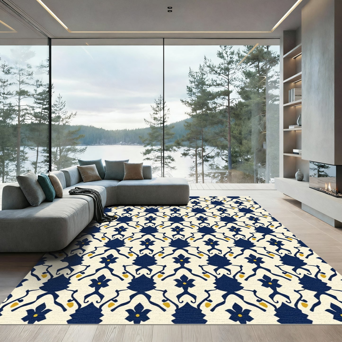 Navy Blue Floral Arch Pattern Rug
