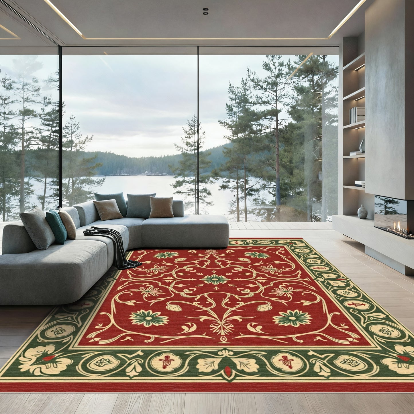 Vibrant Red Floral Scroll Border Rug