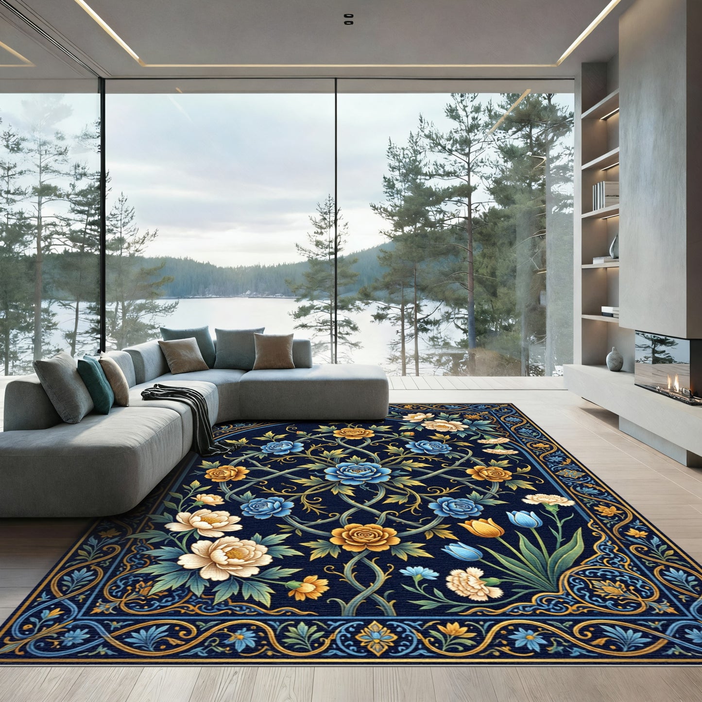 Deep Blue Floral Garden Arch Rug