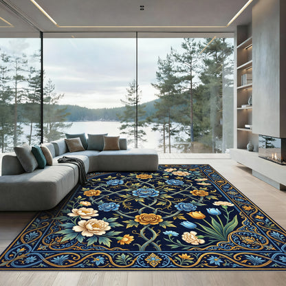 Deep Blue Floral Garden Arch Rug