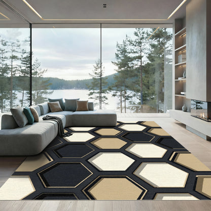 Geometric Hexagon Black Beige Cream Rug
