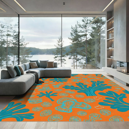 Vibrant Coral Turquoise Branch Pattern Rug