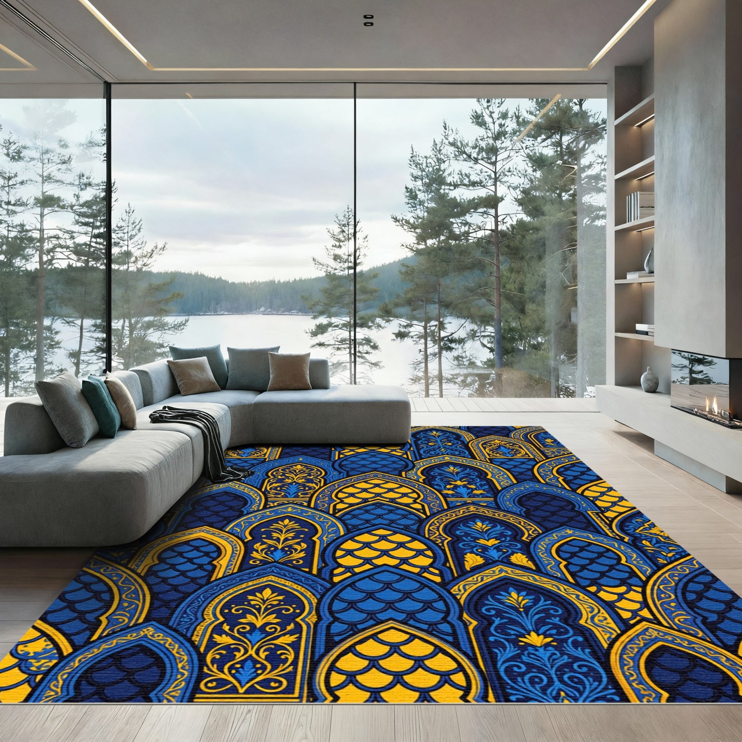 Royal Blue and Gold Arched Tapestry Rug