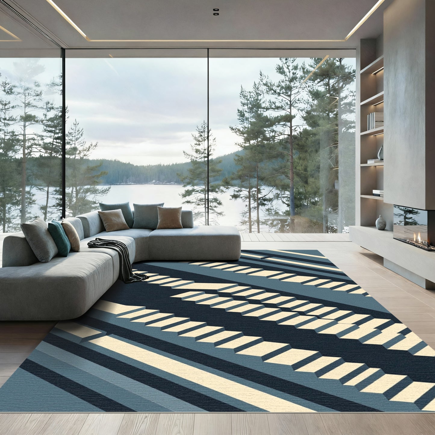 Modern Isometric Stairs Navy Cream Rug