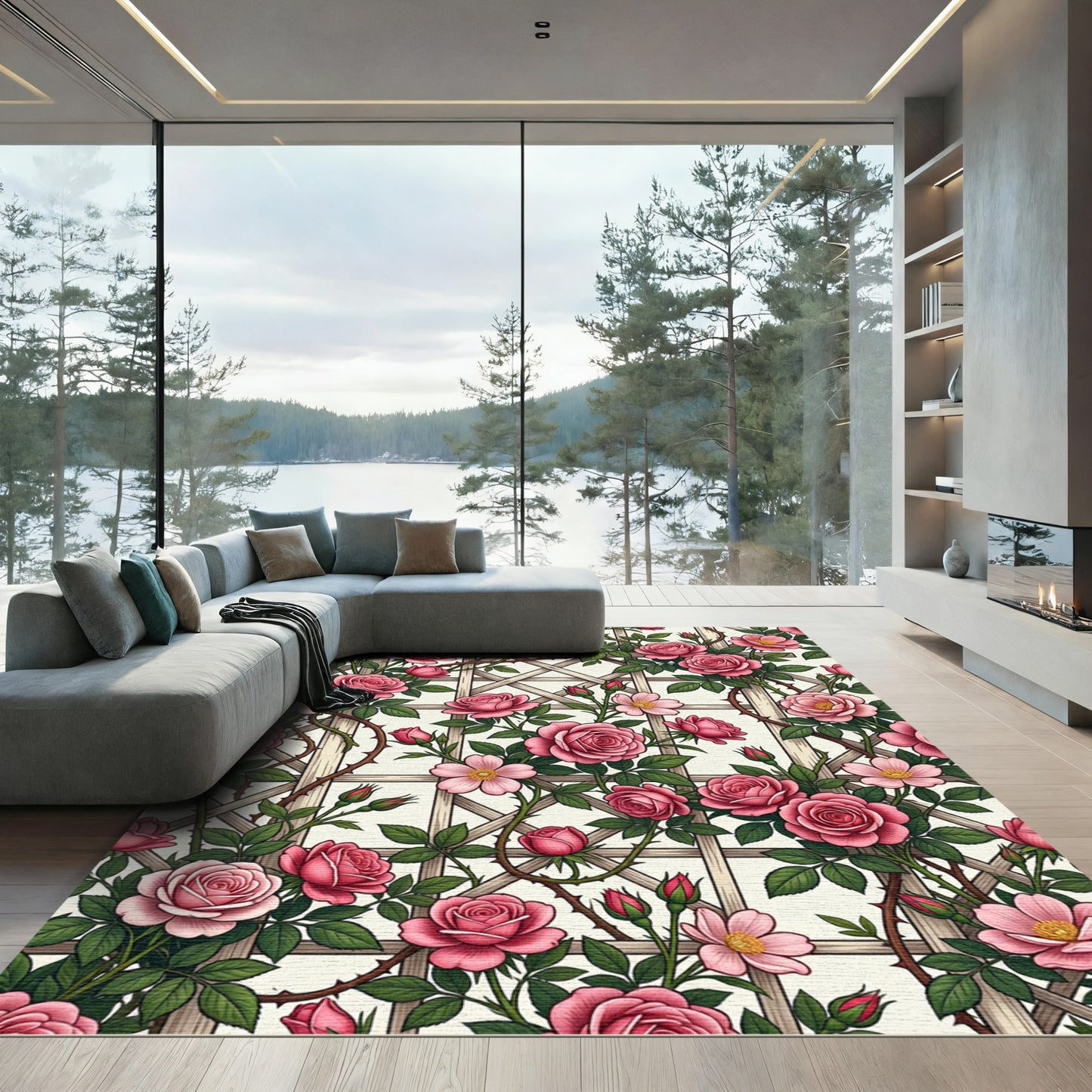 Romantic Pink Rose Trellis Floral Rug