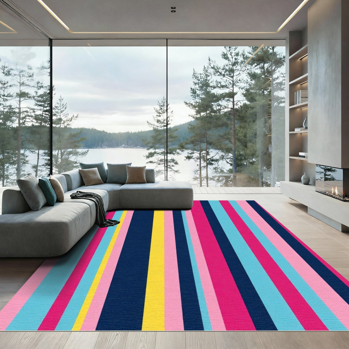 Bold Pink Blue Yellow Stripe Rug