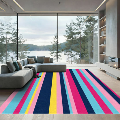 Bold Pink Blue Yellow Stripe Rug
