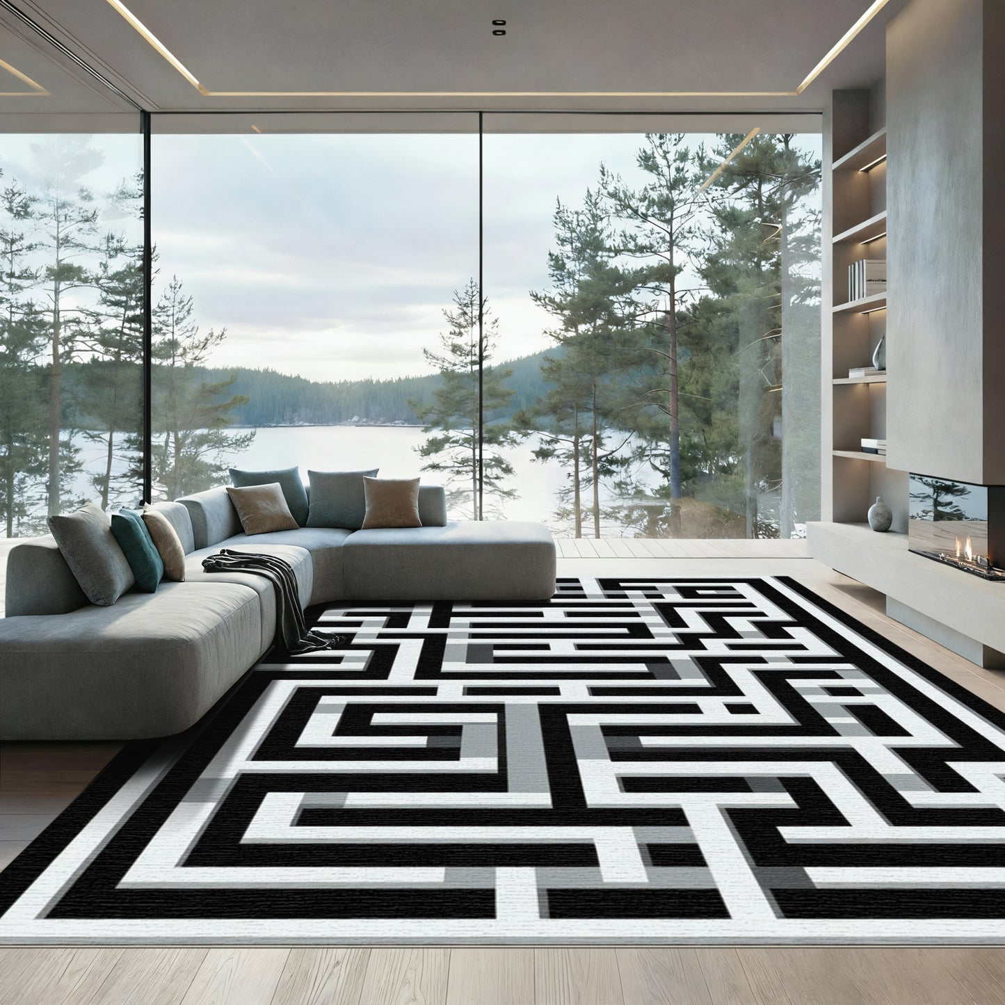 Monochrome Labyrinth Pathways Rug