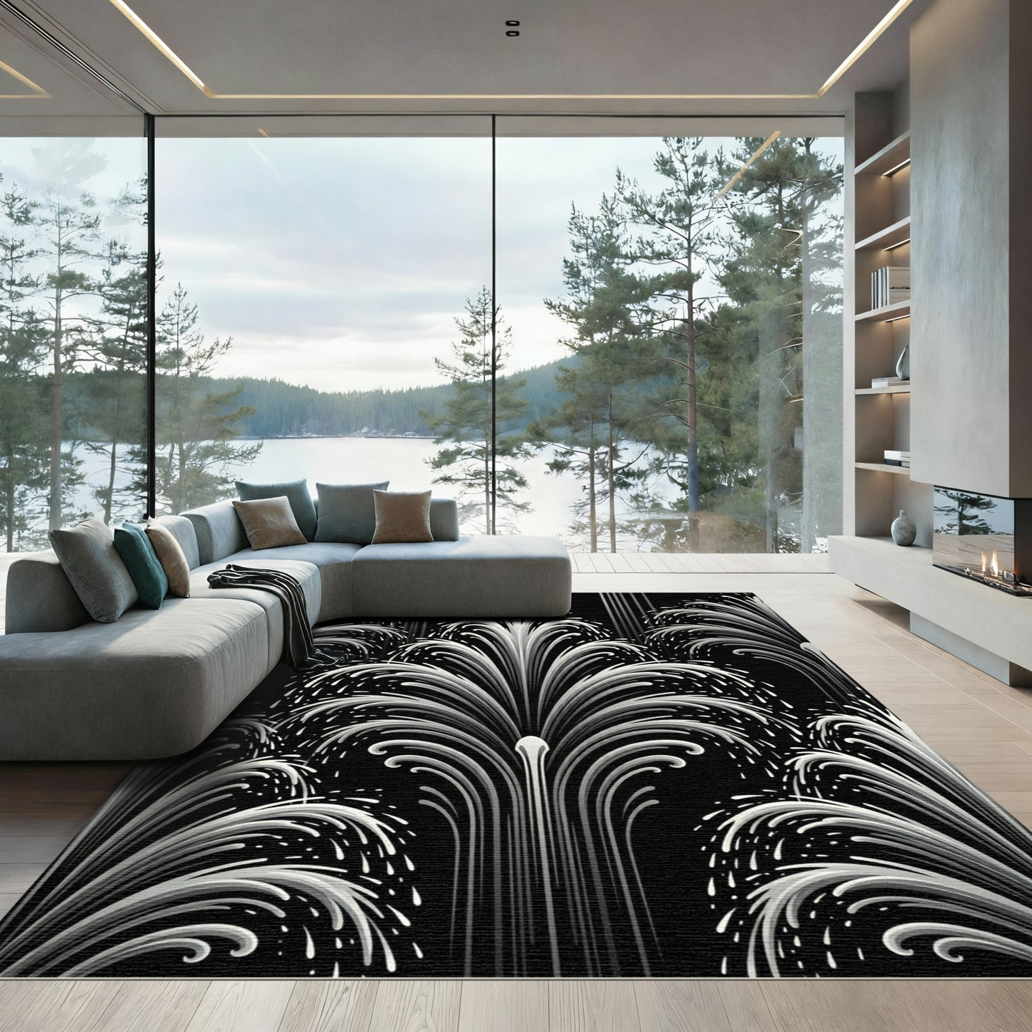 Art Deco Monochromatic Fountain Wave Area Rug