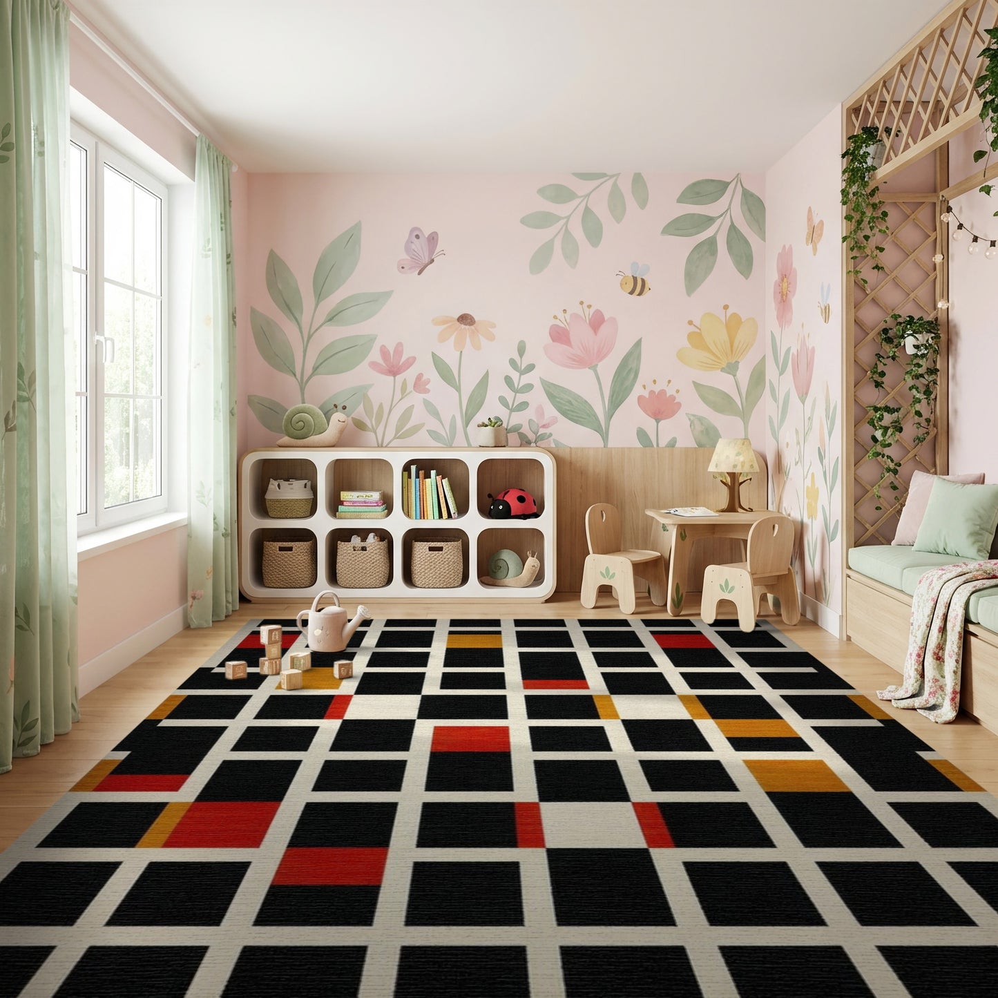 Geometric Black Red Gold Grid Rug