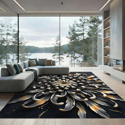 Dramatic Black Golden Chrysanthemum Bloom Rug