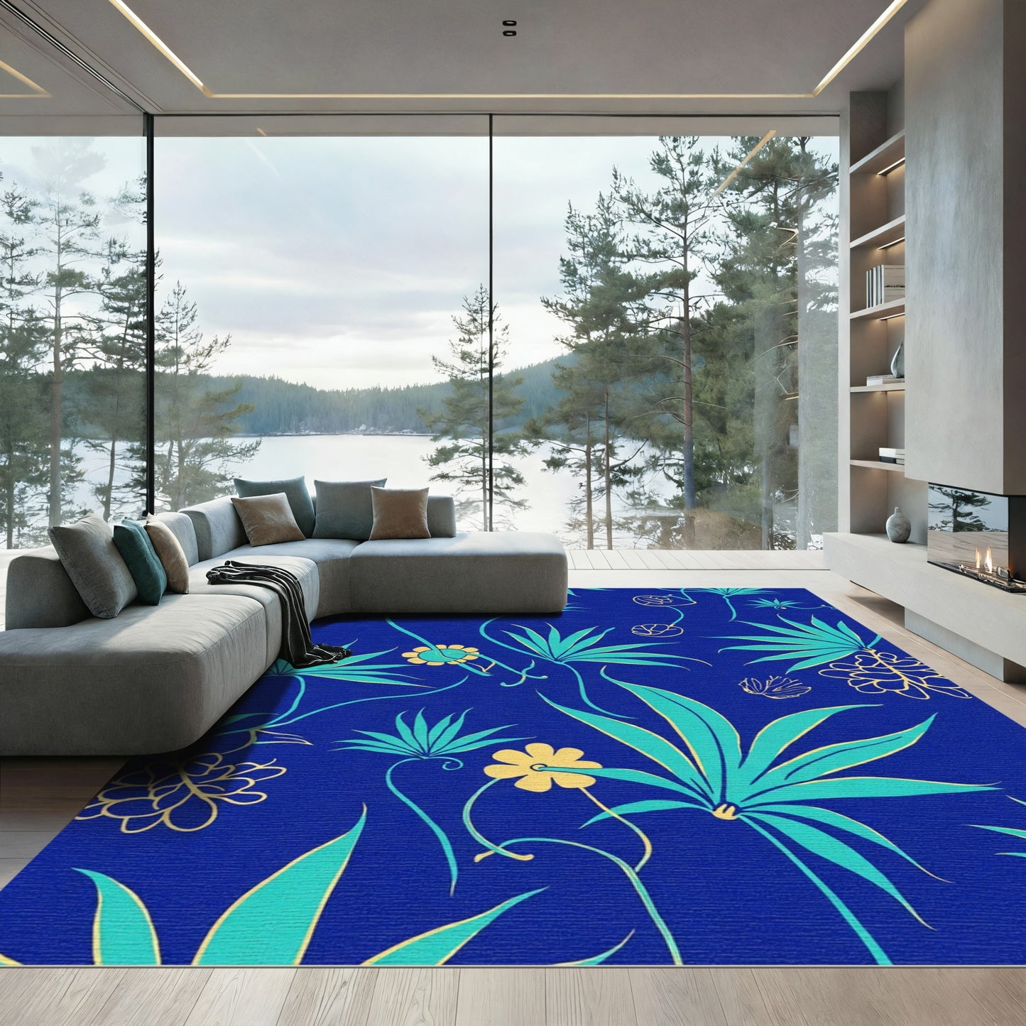 Teal Flower Vine Indigo Rug