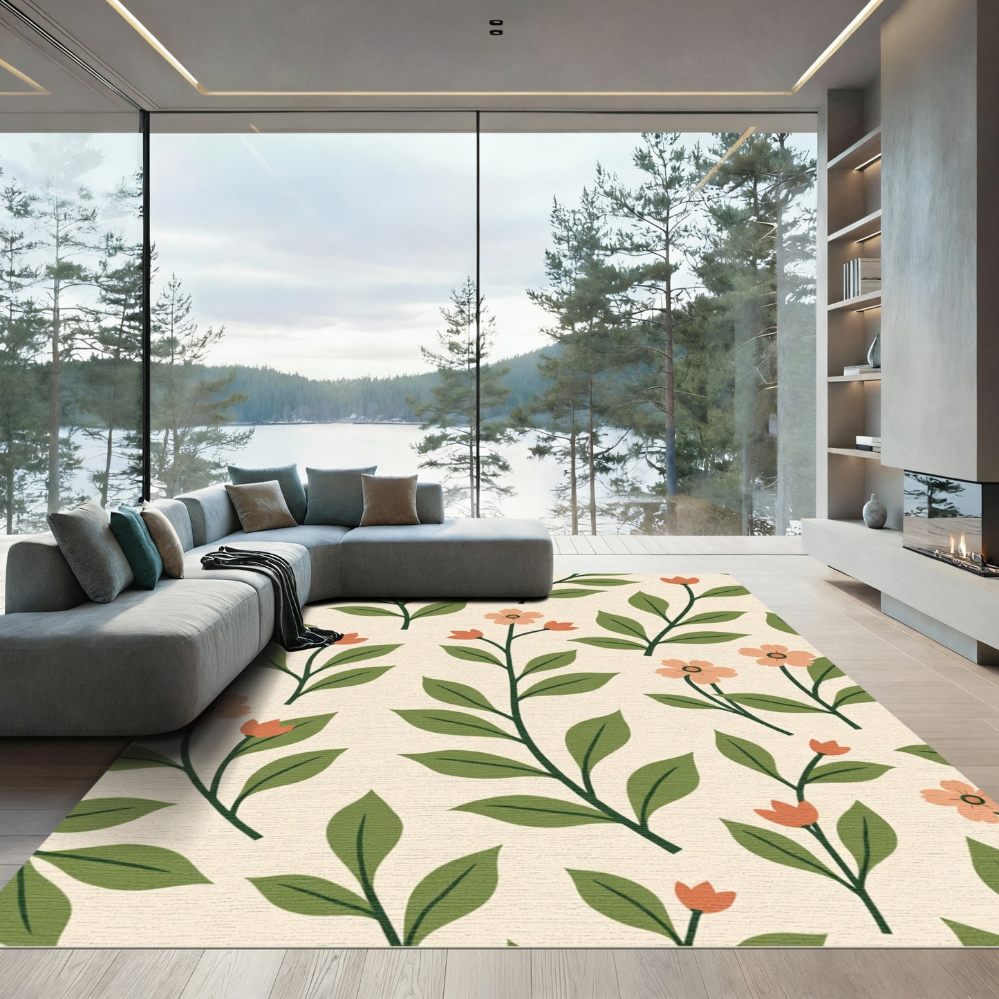 Cream And Coral Botanical Vines Rug