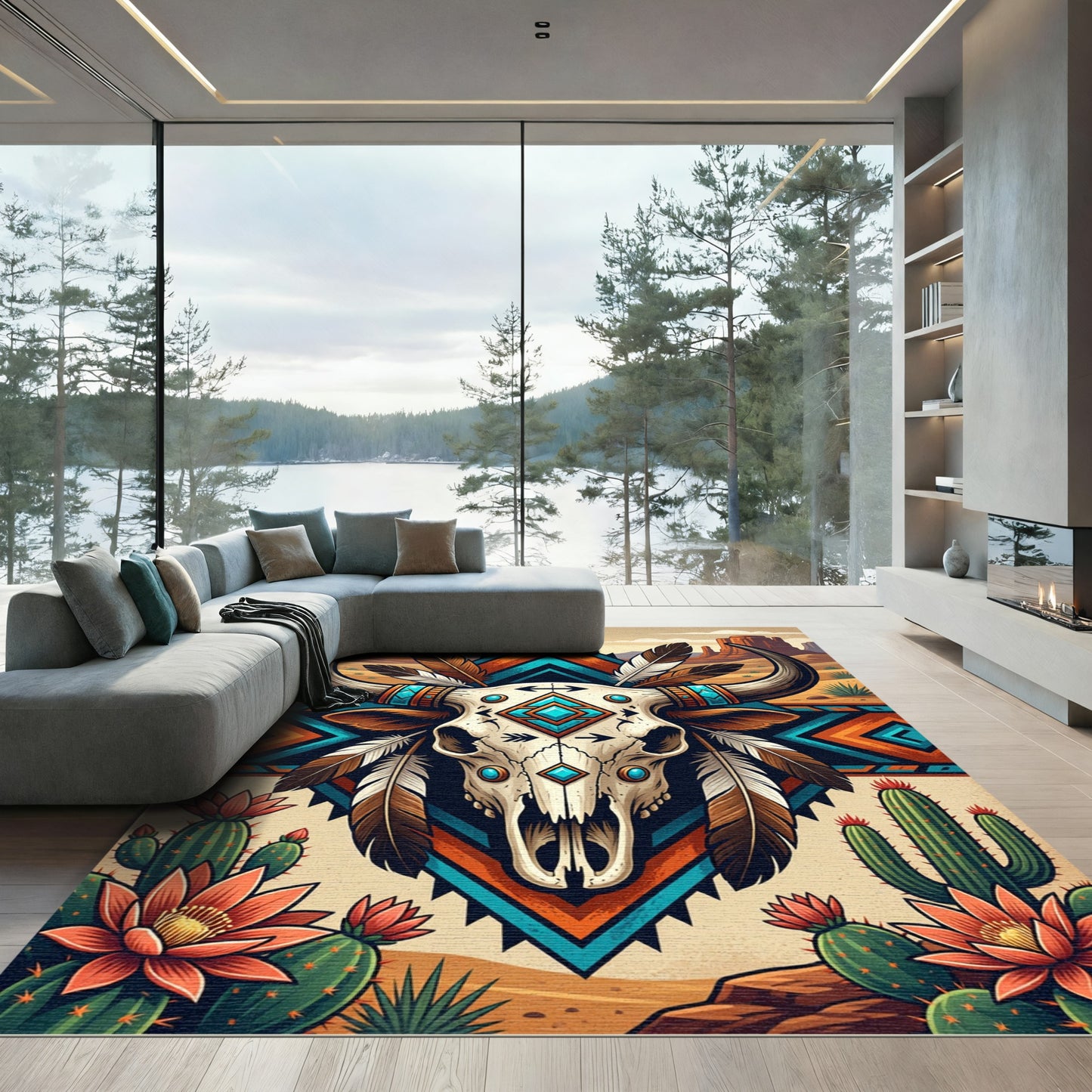 Southwestern Bull Skull Boho Diamond Rug