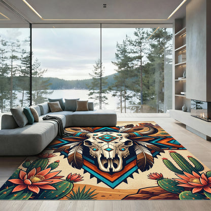 Southwestern Bull Skull Boho Diamond Rug