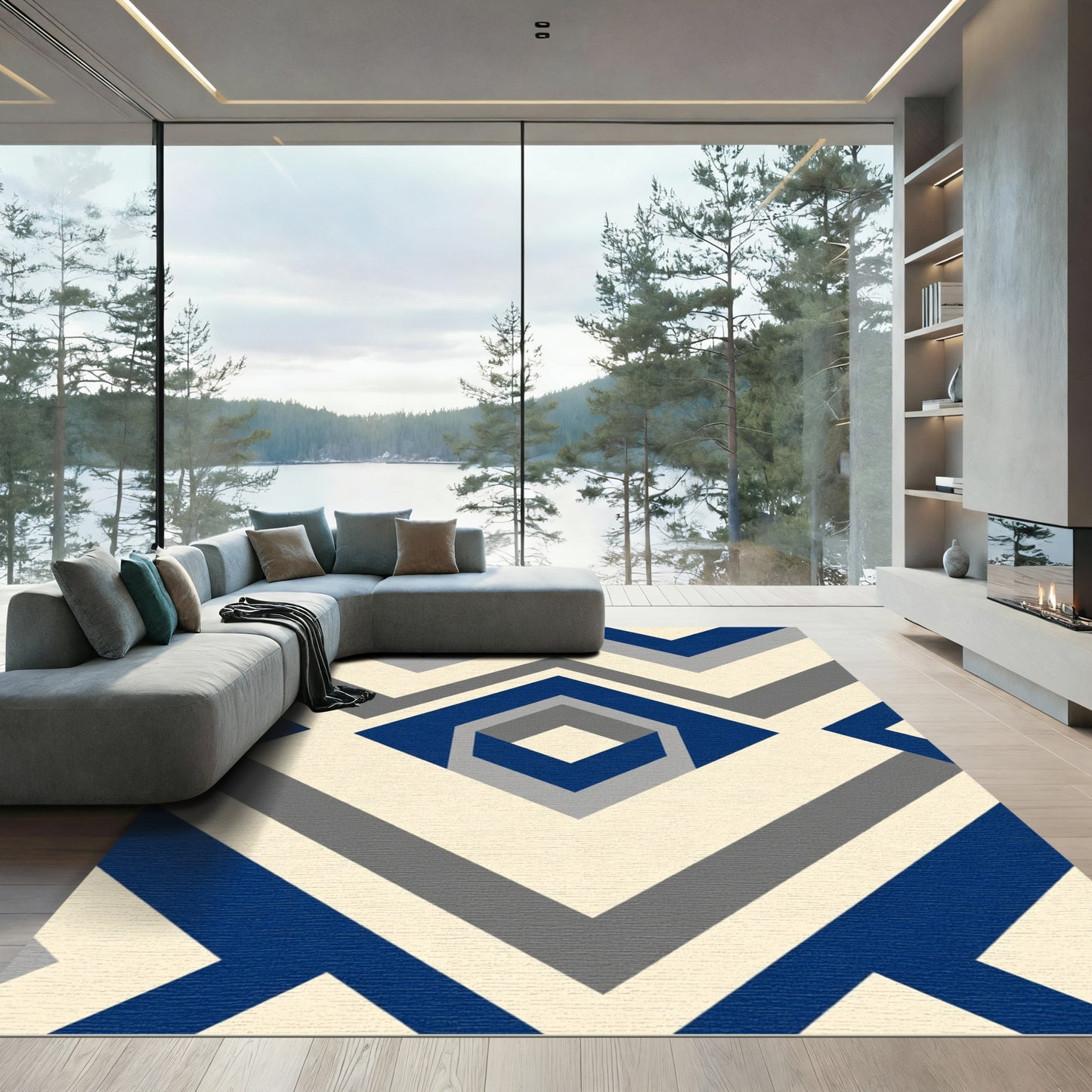 Modern Navy Gray Chevron Diamond Rug