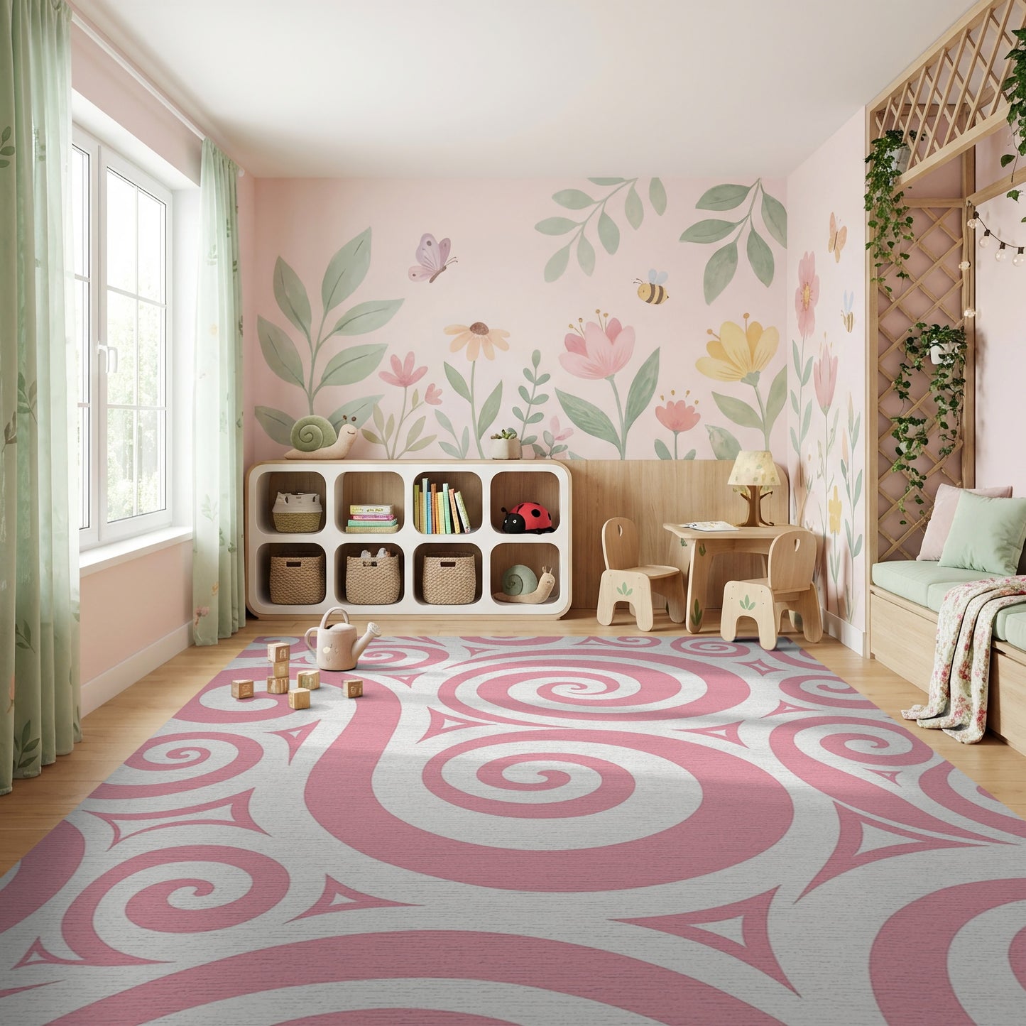 Pink and White Swirling Spiral Rug