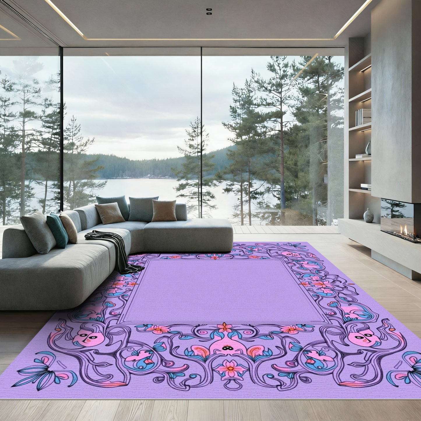 Whimsical Lavender Floral Swirl Frame Rug
