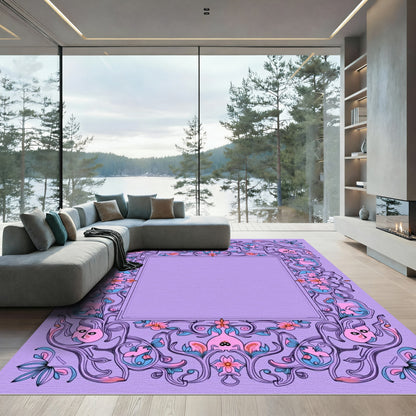 Whimsical Lavender Floral Swirl Frame Rug