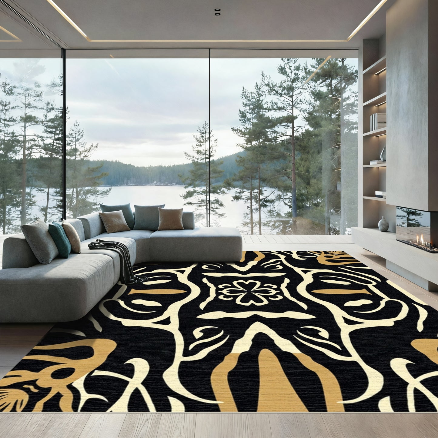 Bold Black Gold Floral Totem Rug