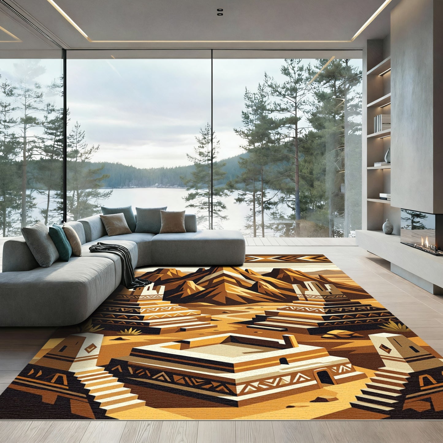 Geometric Ochre Desert Mountain Landscape Rug