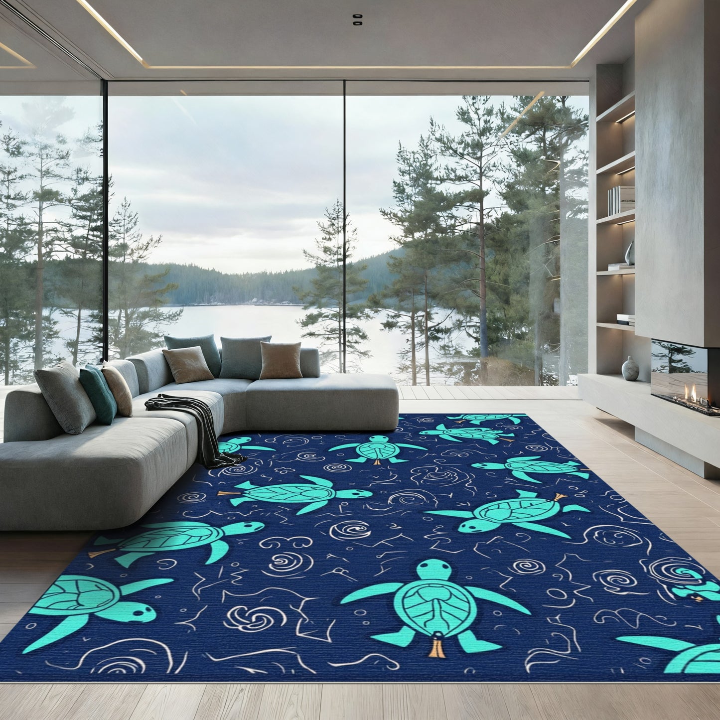 Teal Sea Turtle Swirl Navy Rug