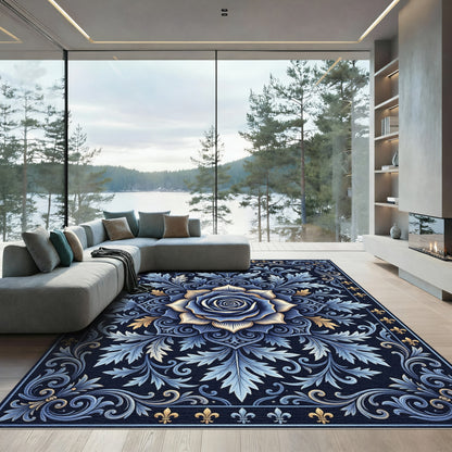 Deep Blue Golden Rose Floral Scroll Rug